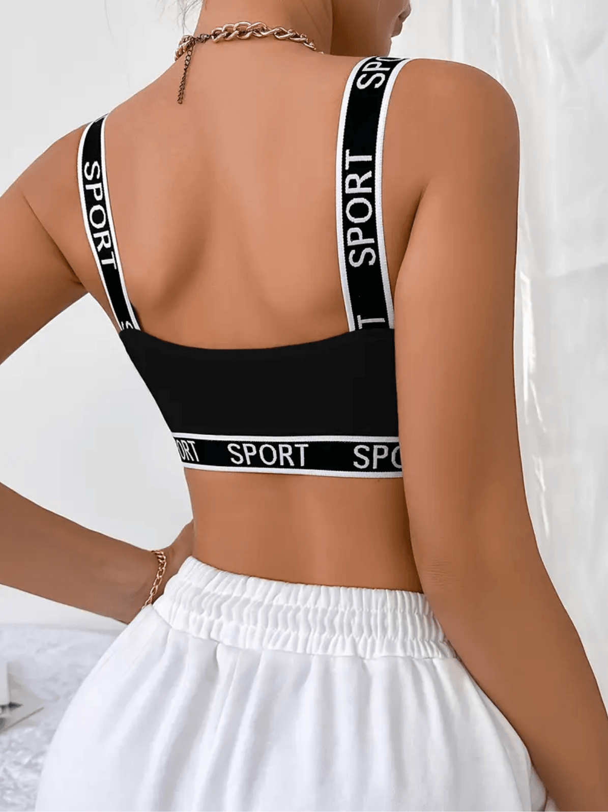 1 Adet Siyah Harf Baskılı Kontrast Kenarlı Tam Kapsama Sütyen Şık Rahat Push Up Sütyen Spor Sütyeni