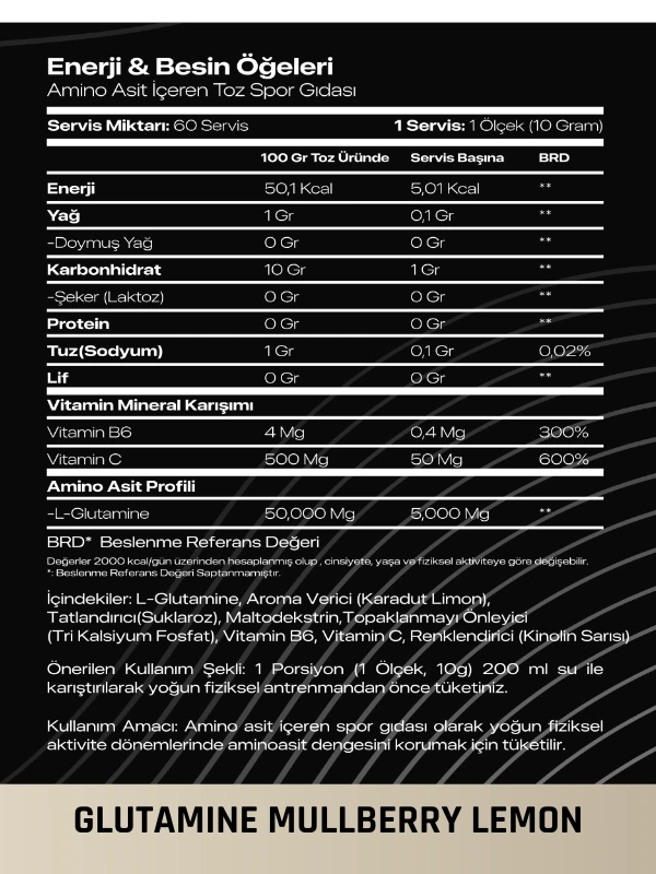 GLUTAMİN 300 GRAM 30 SERVİS DUT-LİMON