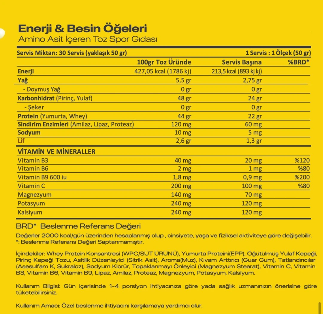 SUPPMEAL ÖĞÜN TOZU 1500 GR 30 SERVİS MUZ AROMALI