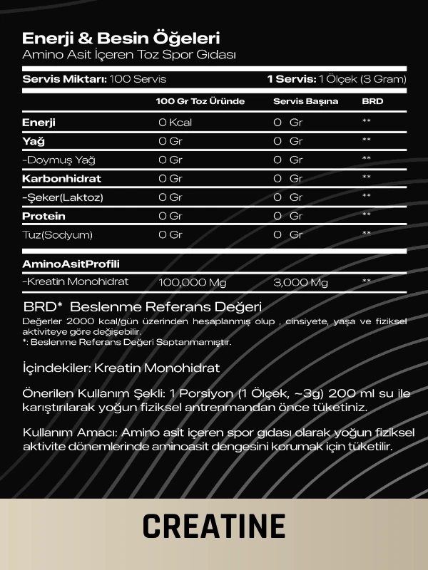 CREATINE MONOHİDRAT 300 GRAM 100 SERVİS