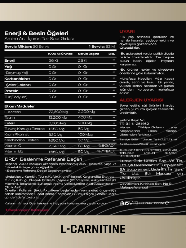 GOLDEN L-CARNİTİNE 1000 ML 30 SERVİS SPECİAL LİME AROMALI