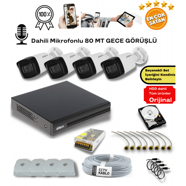 Dahua 5MP Ultra HD Kameralı Dahili Mikrofonlu Starlight AHD HDCVI Kamera Seti Tak Çalıştır Set Oluştur Seçenekli Set
