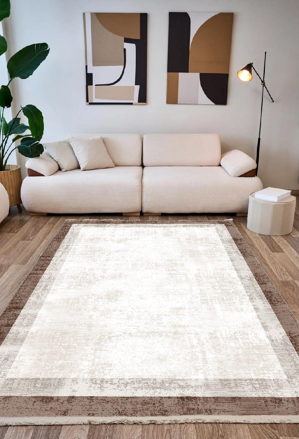 Krem Kahve Sade Çerçeveli Modern Halı 
