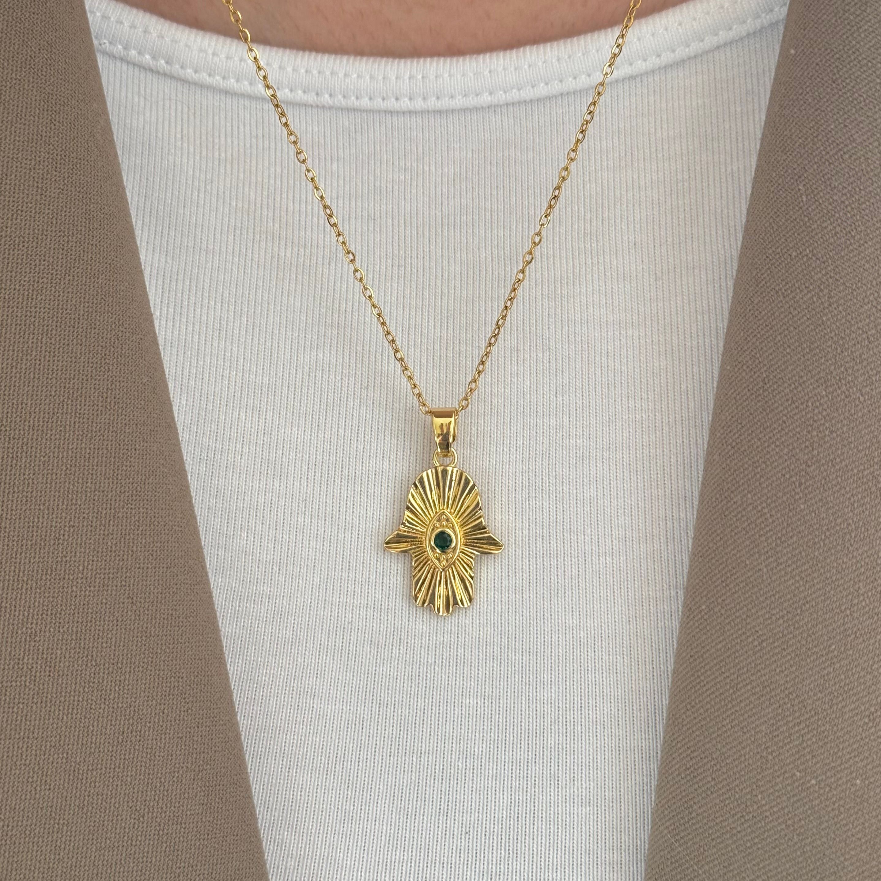 Çelik haki taşlı hamsa kolye