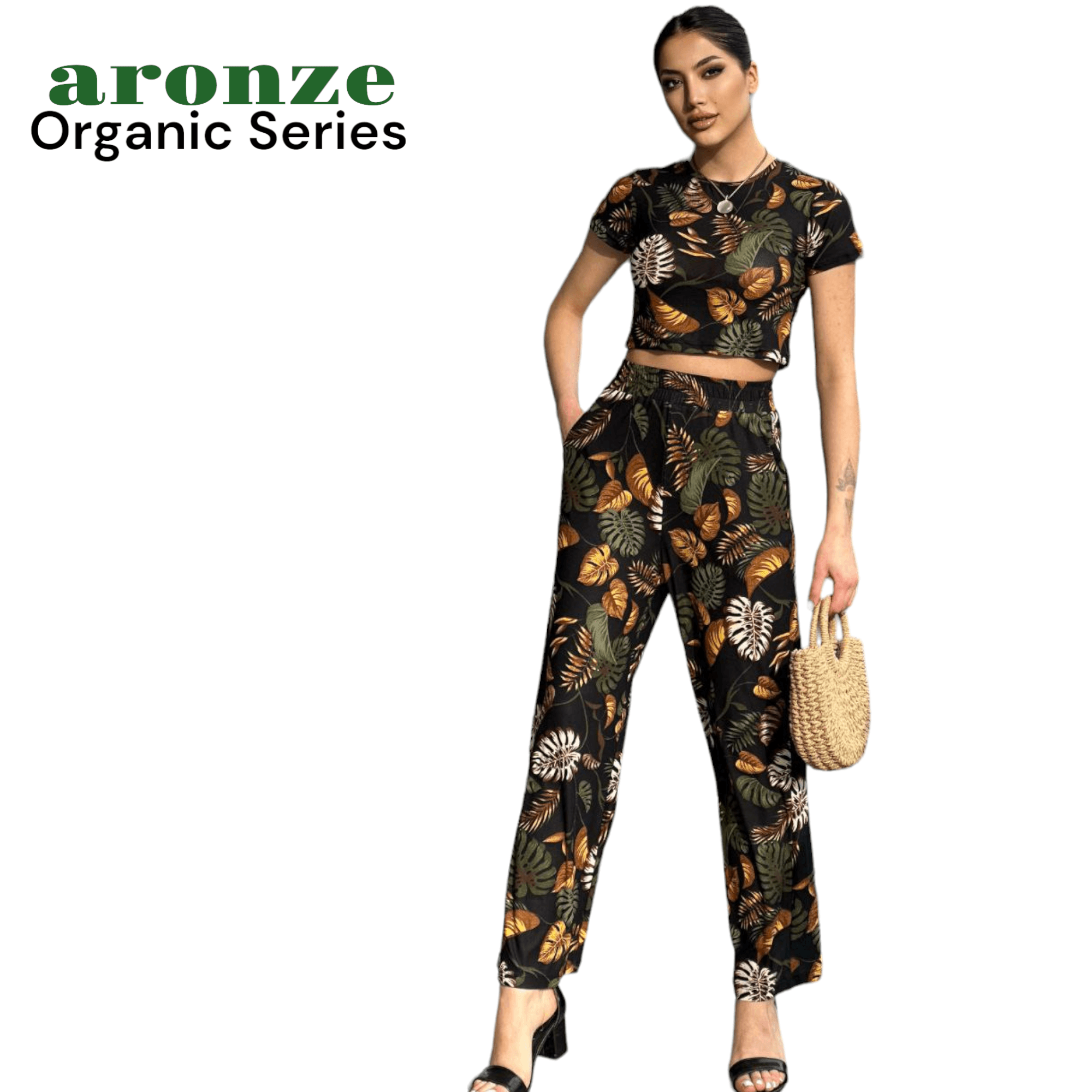 Aronze Organic Series %100 Organik Türk Pamuğu Viskon Krep Crop Pantolon Takımı