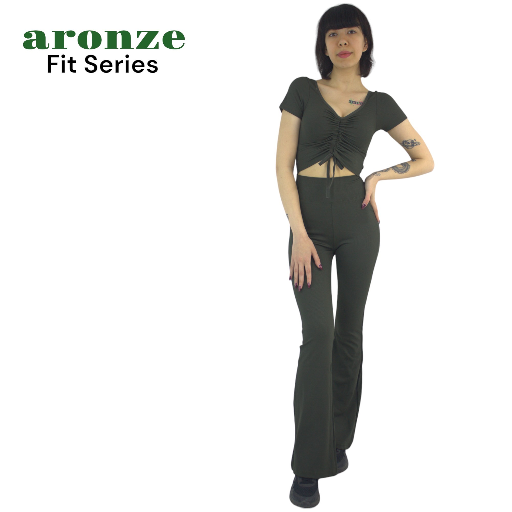 Aronze Fit Series Fitilli Kaşkorse Önü Büzgülü Crop İspanyol Tayt İkili Takım - HAKİ