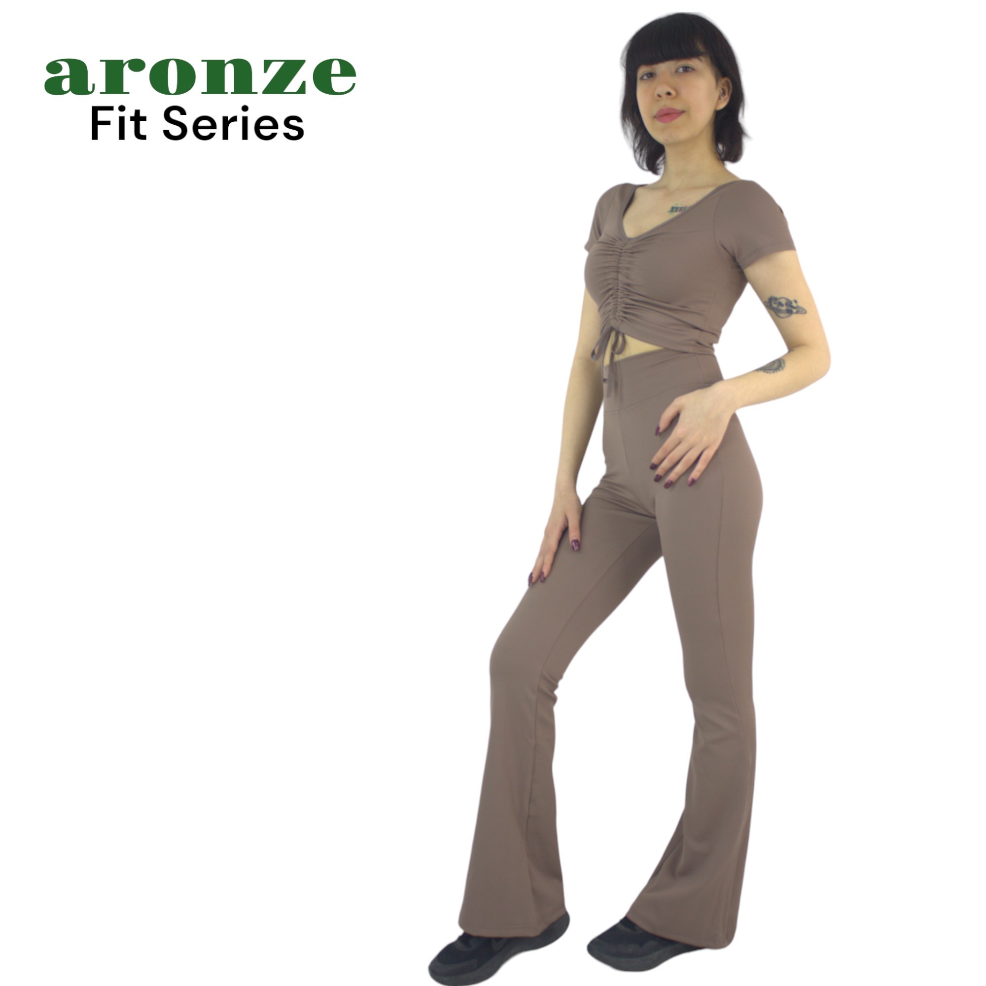 Aronze Fit Series Fitilli Kaşkorse Önü Büzgülü Crop İspanyol Tayt İkili Takım - VİZON