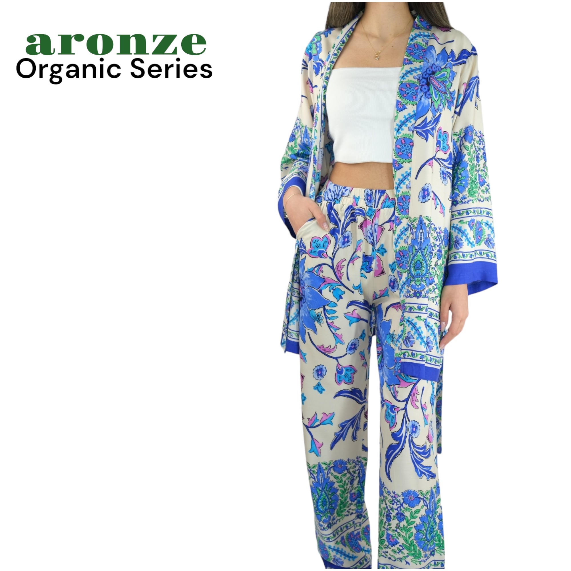 Aronze Organic Series %100 Türk Pamuğu Viskon Kimono  - MAVİ