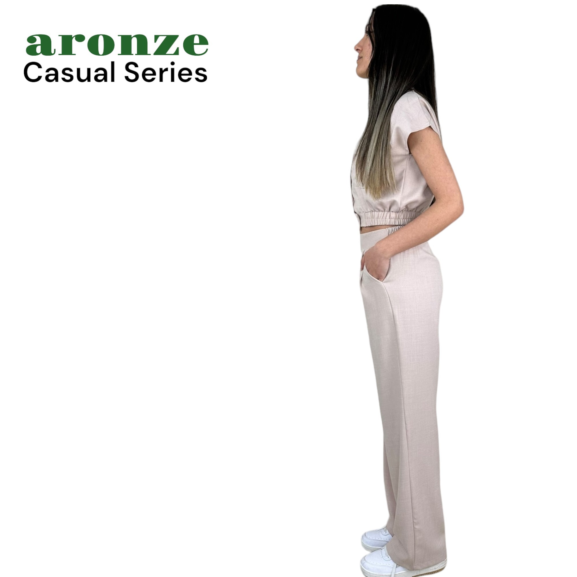 Aronze Casual Series %100 Organik Türk Pamuğu Crop Pantolon Bej Renk Takım