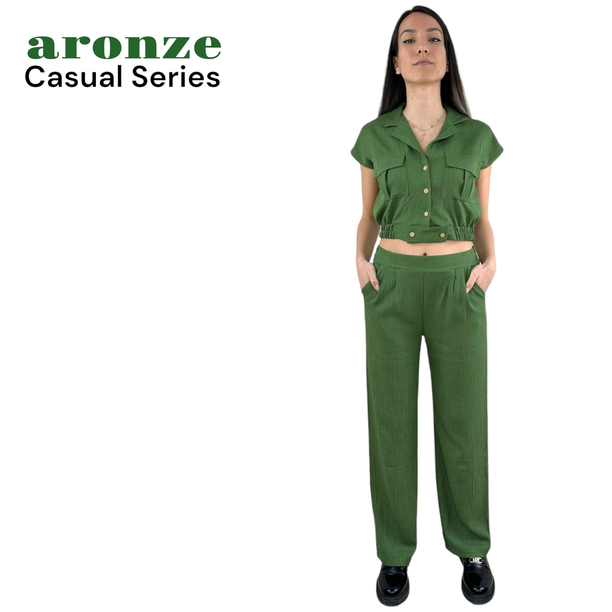 Aronze Casual Series %100 Organik Türk Pamuğu Crop Pantolon Yeşil Renk Takım