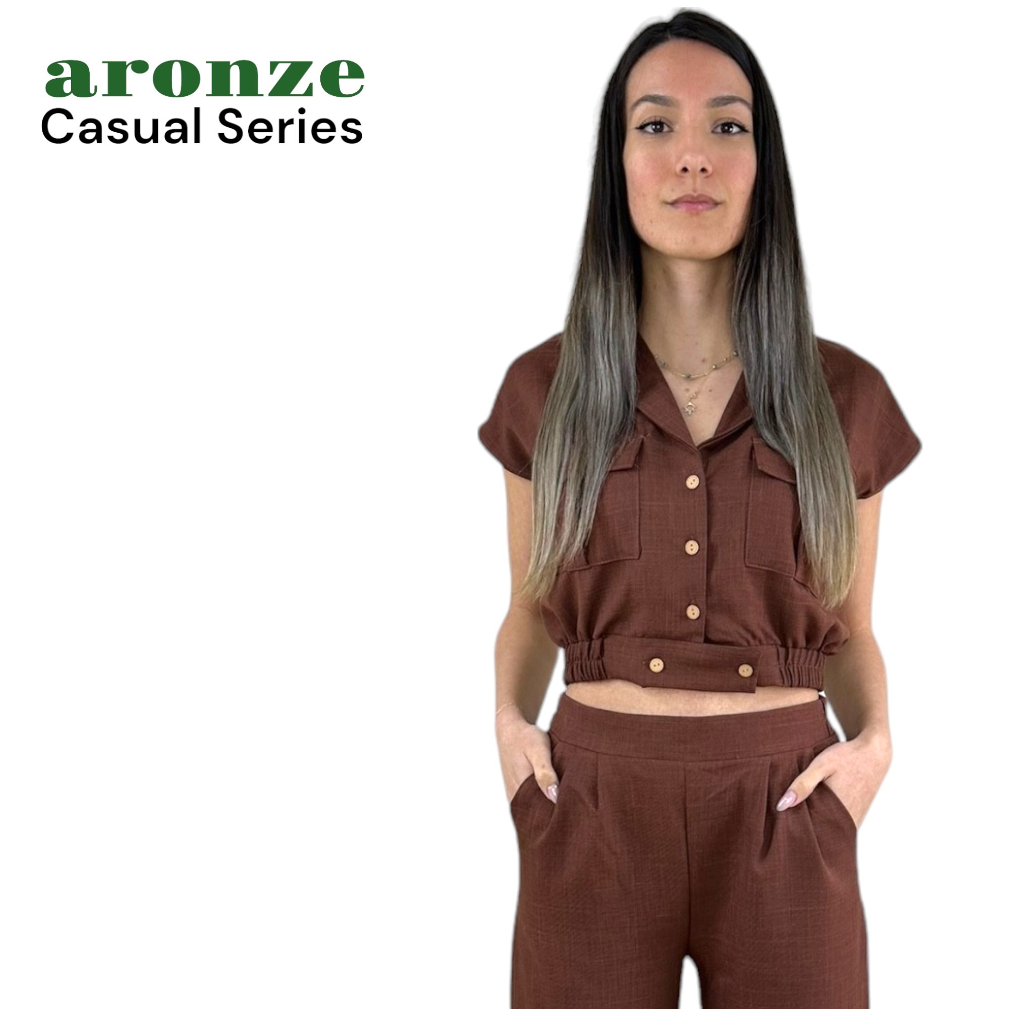 Aronze Casual Series %100 Organik Türk Pamuğu Crop Pantolon Kahverengi Takım