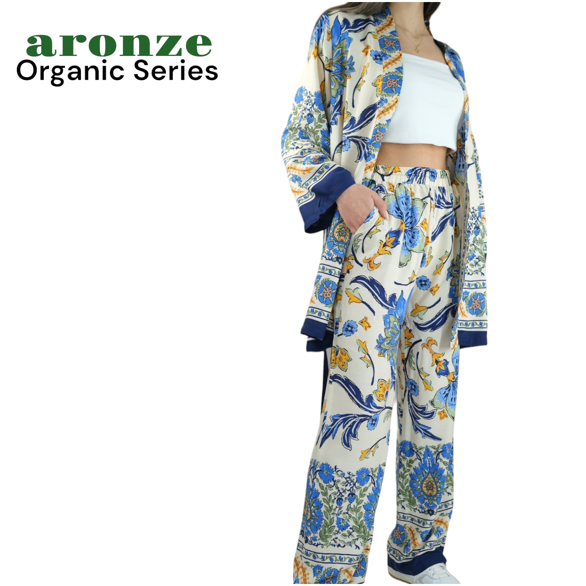 Aronze Organic Series %100 Türk Pamuğu Viskon Kimono  - LACİVERT