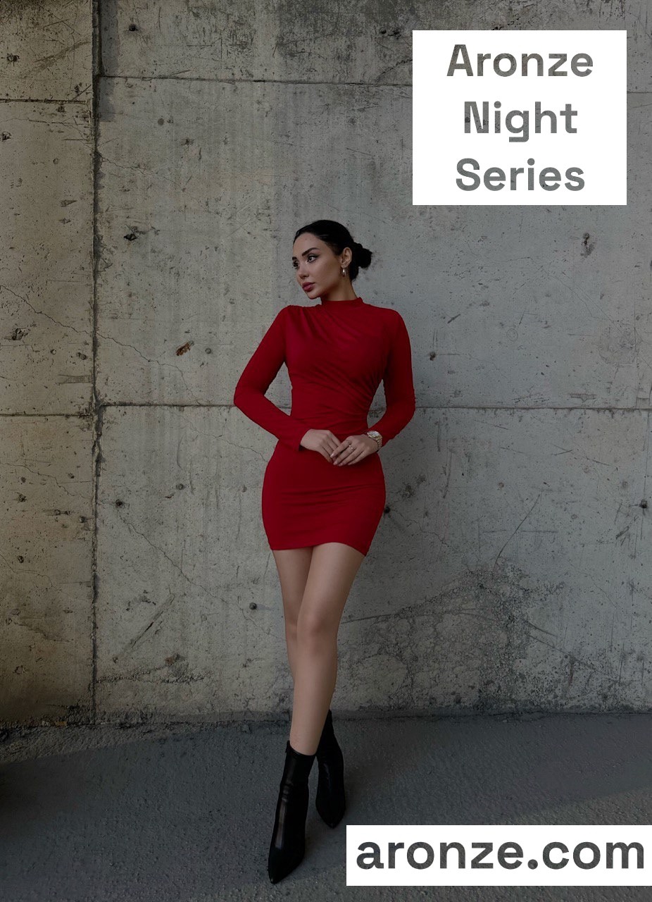 Aronze Night Series Omuz ve Bel Büzgülü Kırmızı Mini Sandy Elbise