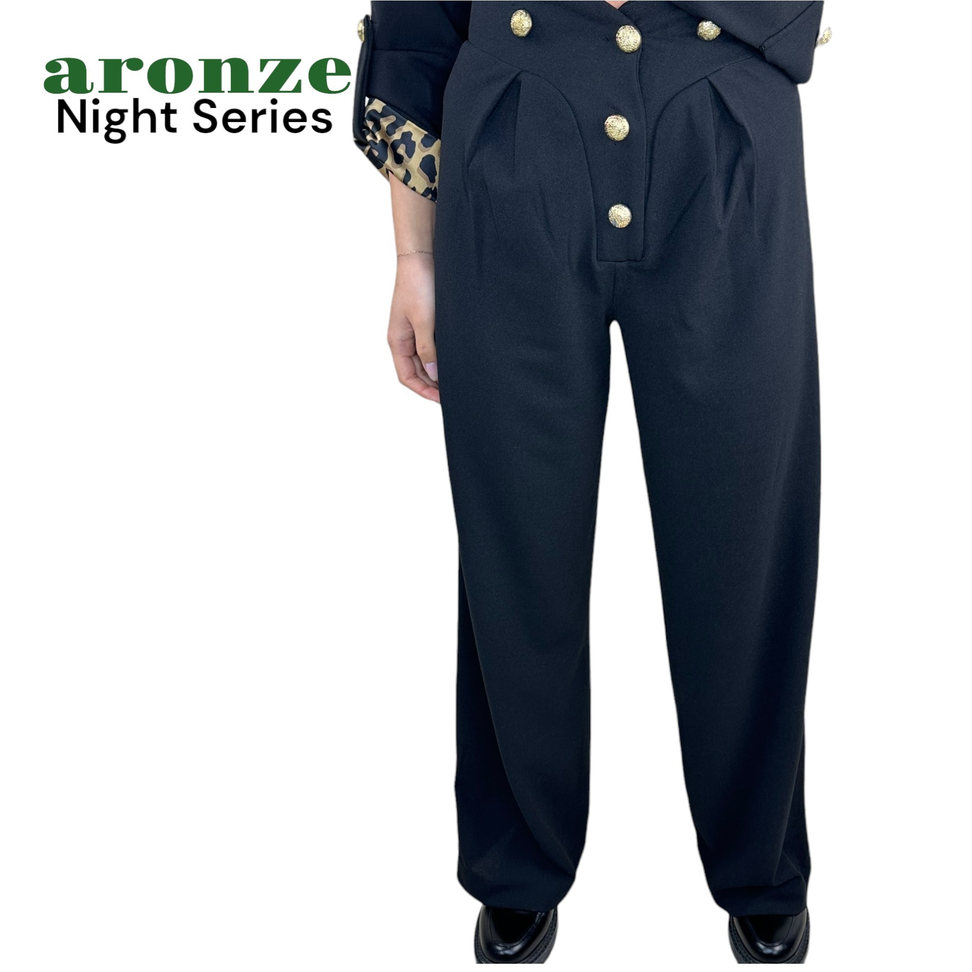 Aronze Casual Series &100 İthal Scuba Krep Gold Düğmeli Leopar Astar Detaylı Ceket Pantolon Takımı