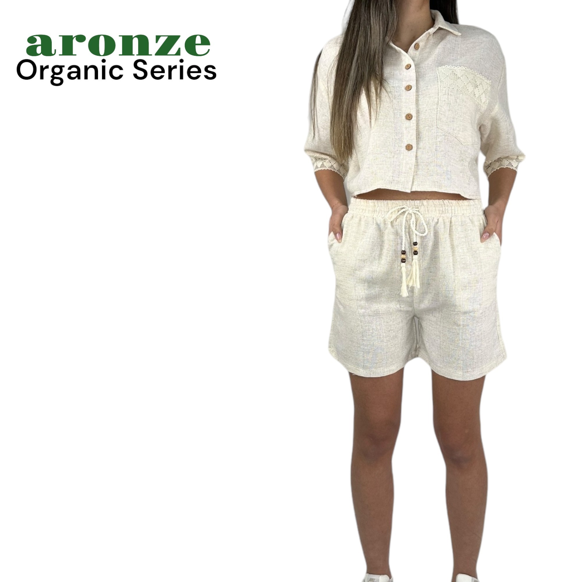 Aronze Organic Series %100 Keten Dantel Detaylı Mini Gömlek Şort Takımı