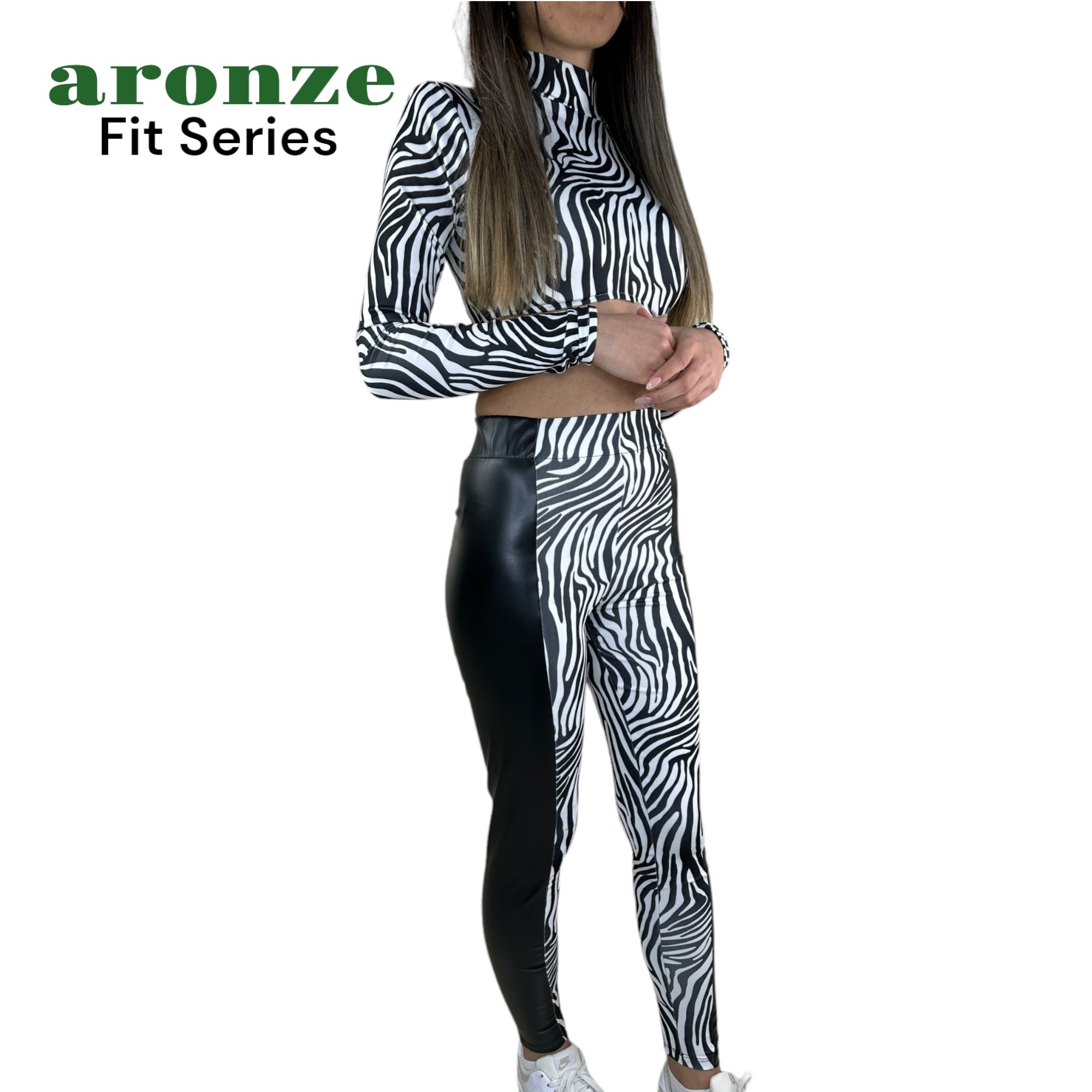 Aronze Fit Series Zebra Desenli Deri Detaylı Crop Tayt Takımı