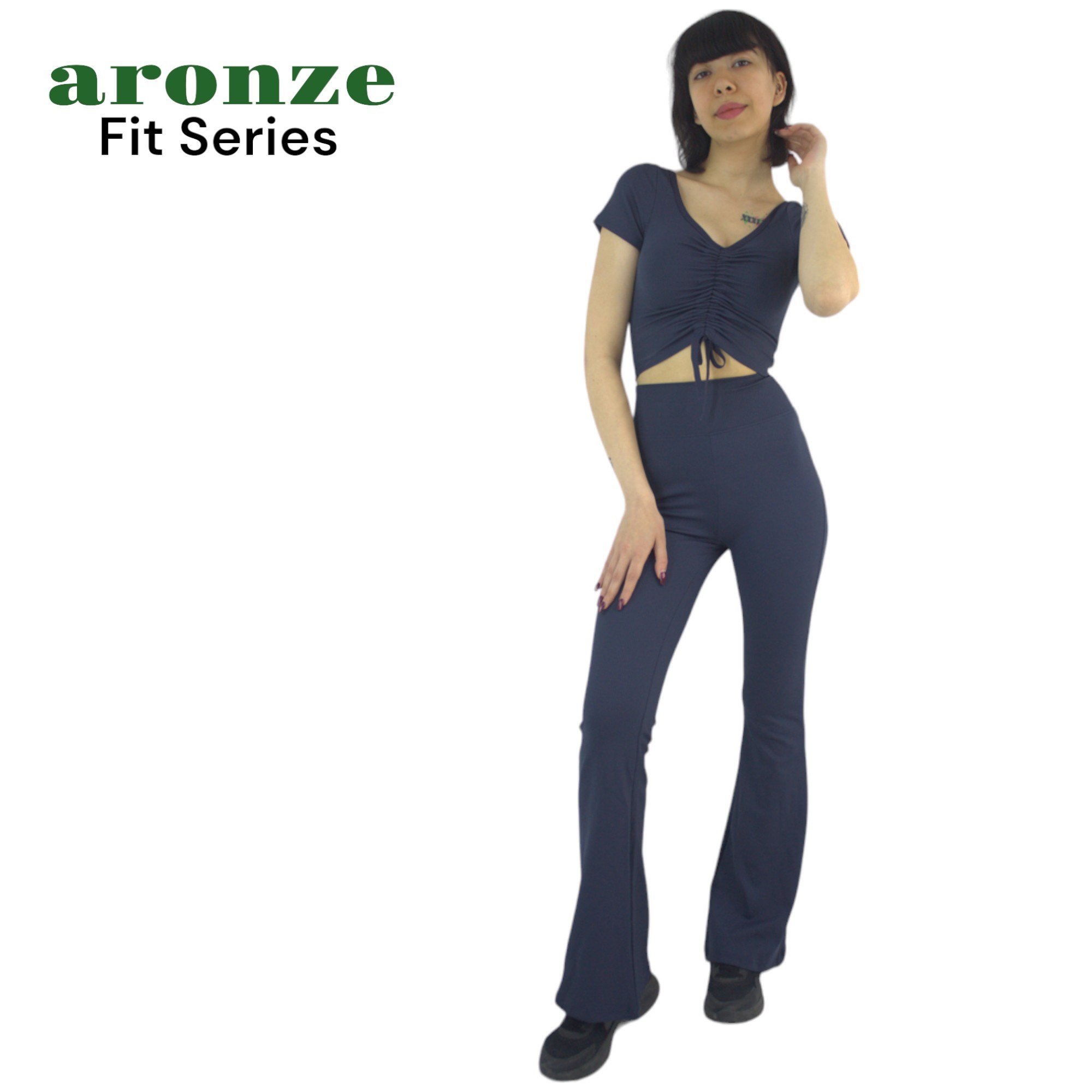 Aronze Fit Series Fitilli Kaşkorse Önü Büzgülü Crop İspanyol Tayt İkili Takım