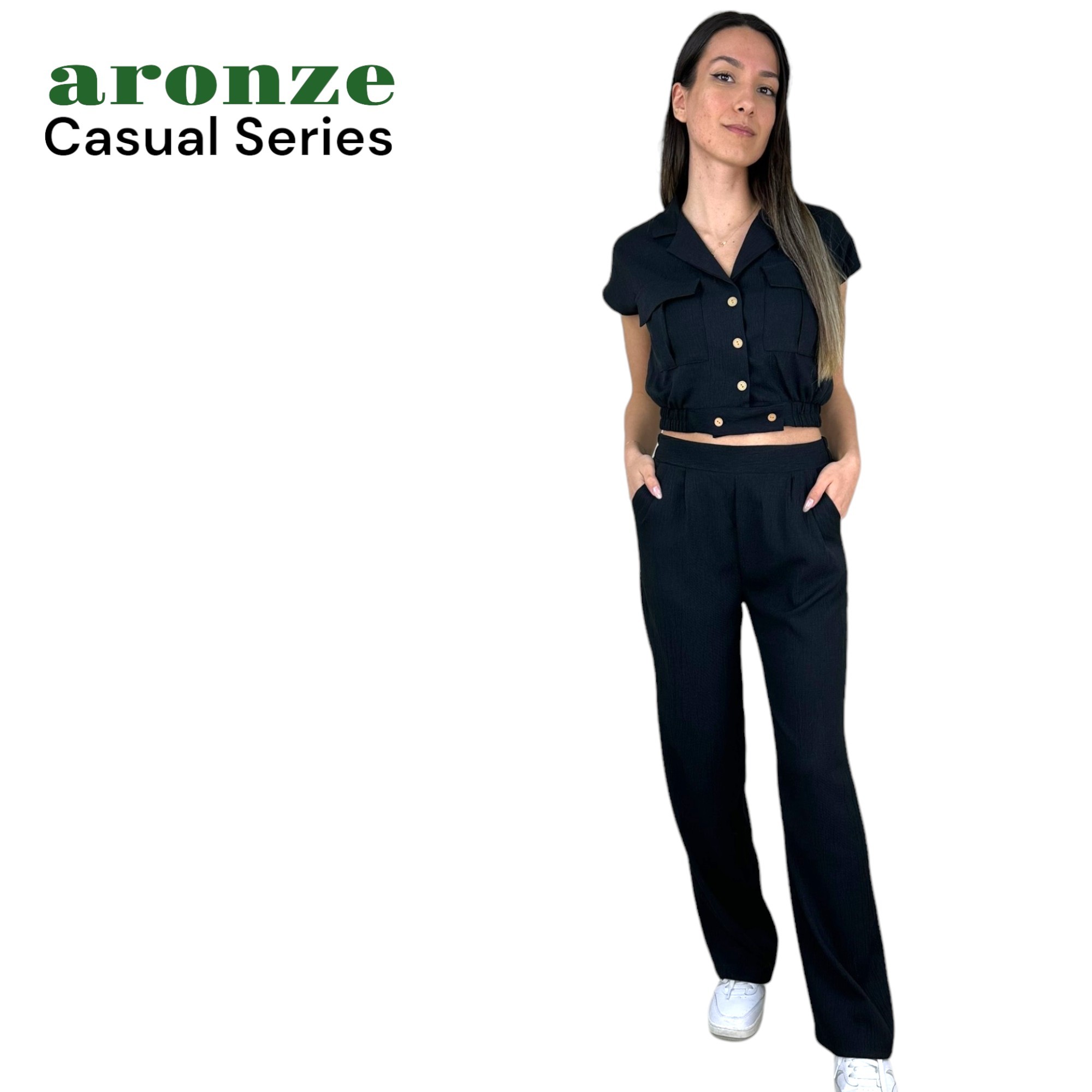 Aronze Casual Series %100 Organik Türk Pamuğu Crop Pantolon Siyah Renk Takım