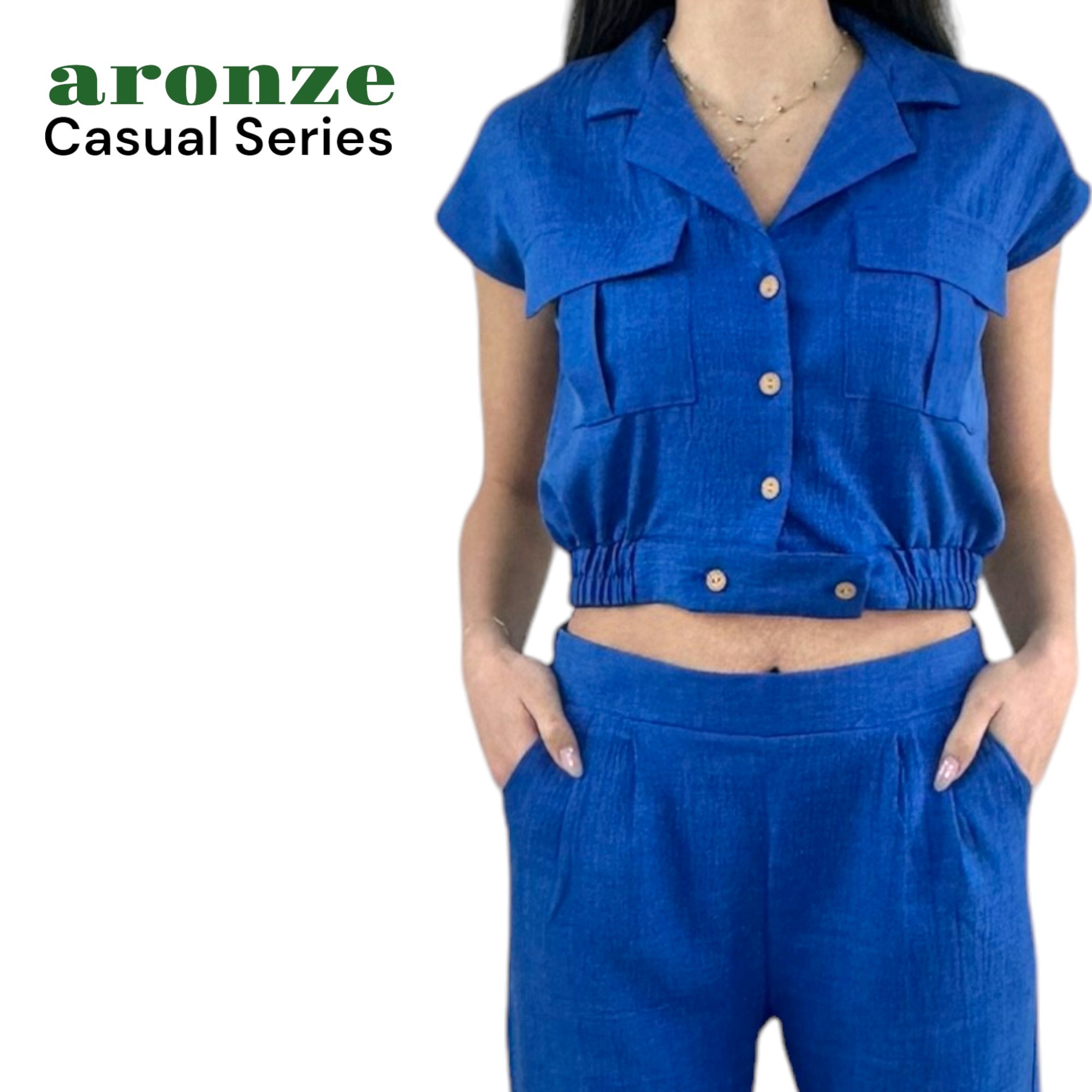 Aronze Casual Series %100 Organik Türk Pamuğu Crop Pantolon Mavi Renk Takım