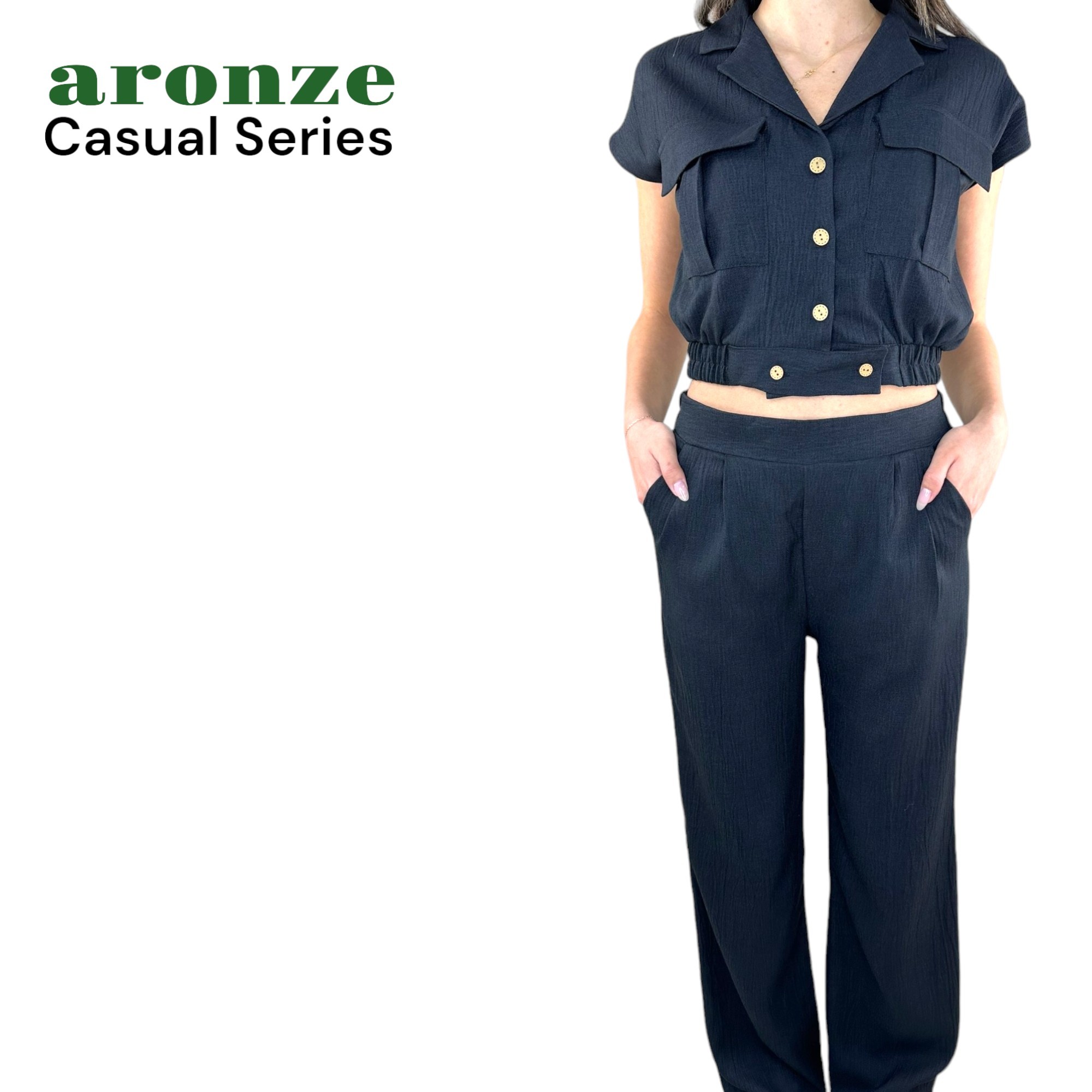 Aronze Casual Series %100 Organik Türk Pamuğu Crop Pantolon Siyah Renk Takım