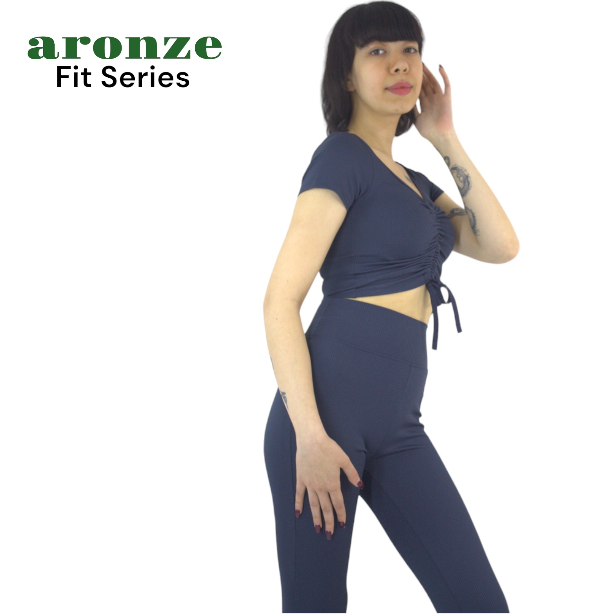 Aronze Fit Series Fitilli Kaşkorse Önü Büzgülü Crop İspanyol Tayt İkili Takım