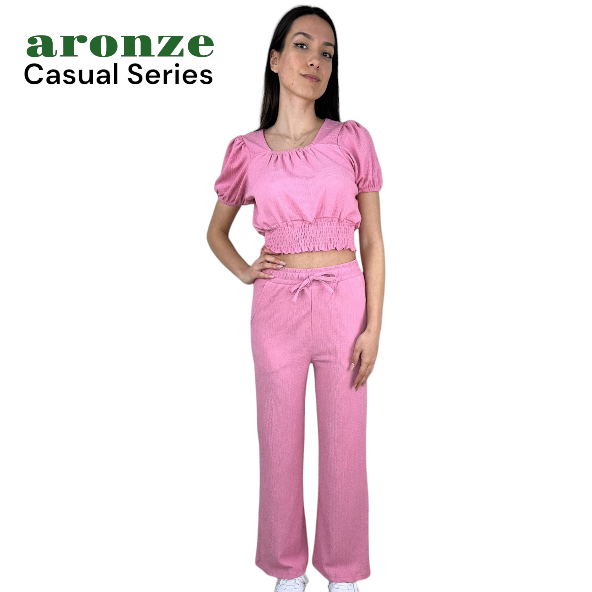 Aronze Casual Series Viskon Bürümcük Crop Pantolon Takım - PEMBE