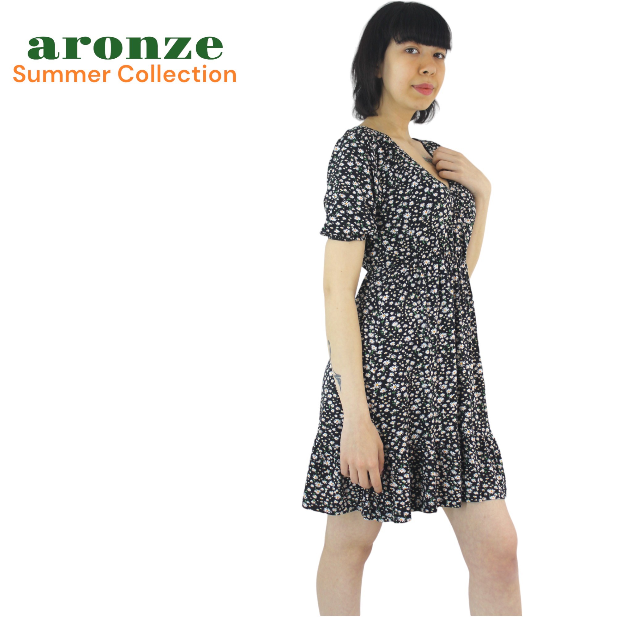 Aronze Summer Collection Kruvaze Yaka Çıtır Desen Yazlık Viskon Elbise