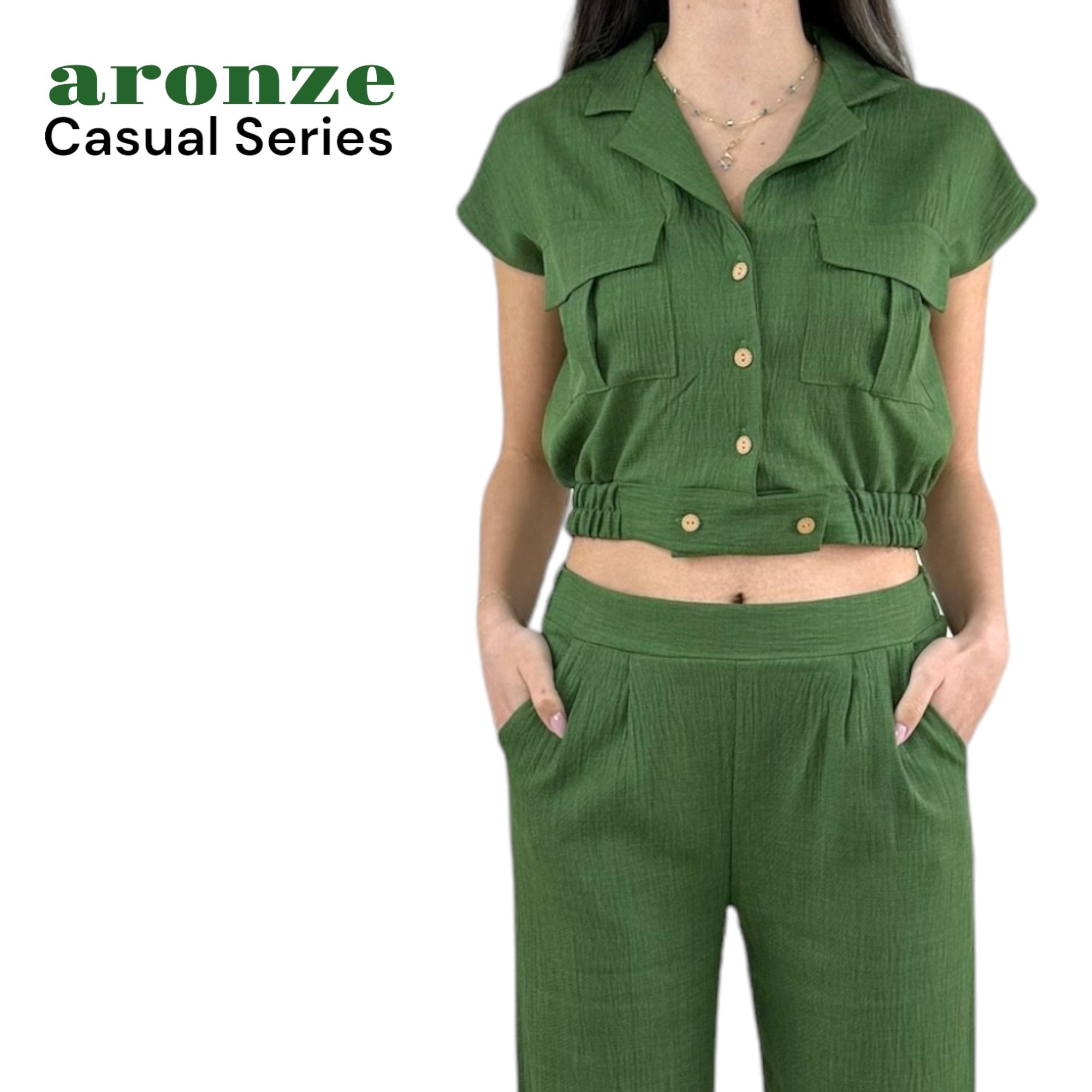 Aronze Casual Series %100 Organik Türk Pamuğu Crop Pantolon Yeşil Renk Takım