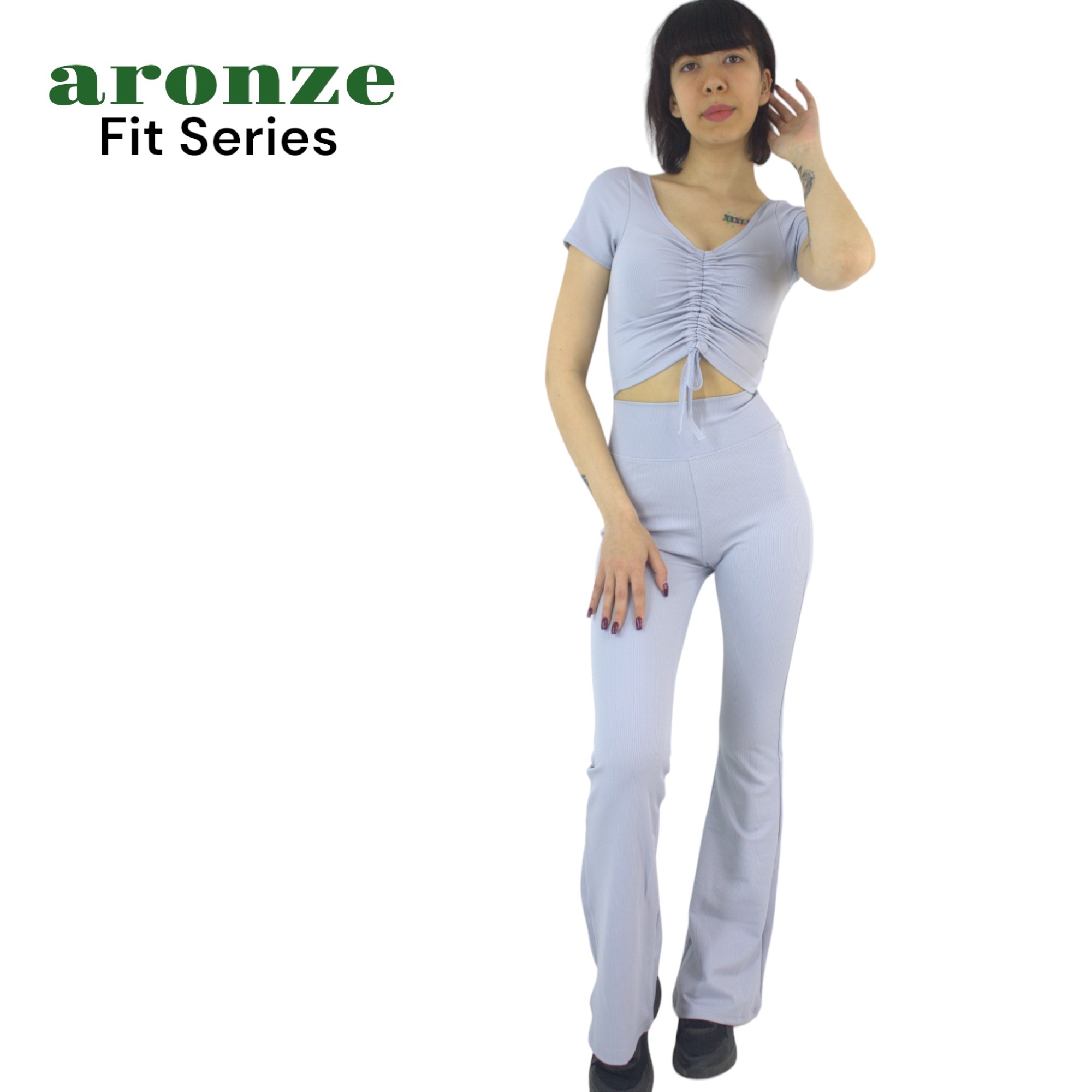 Aronze Fit Series Fitilli Kaşkorse Önü Büzgülü Crop İspanyol Tayt İkili Takım - BUZ MAVİSİ