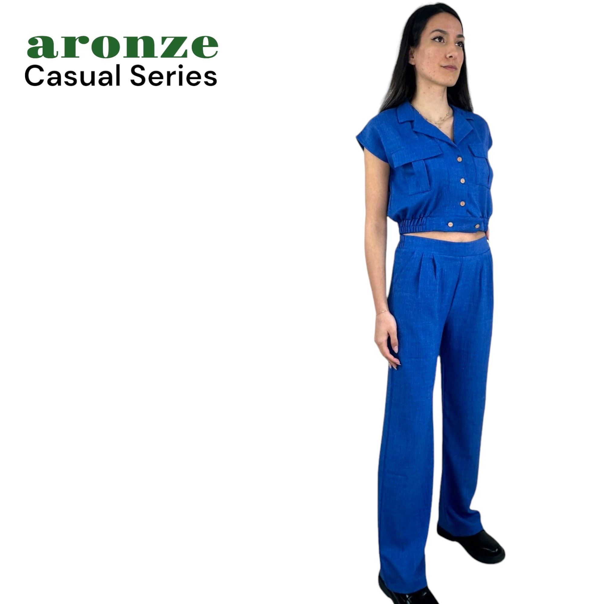Aronze Casual Series %100 Organik Türk Pamuğu Crop Pantolon Mavi Renk Takım