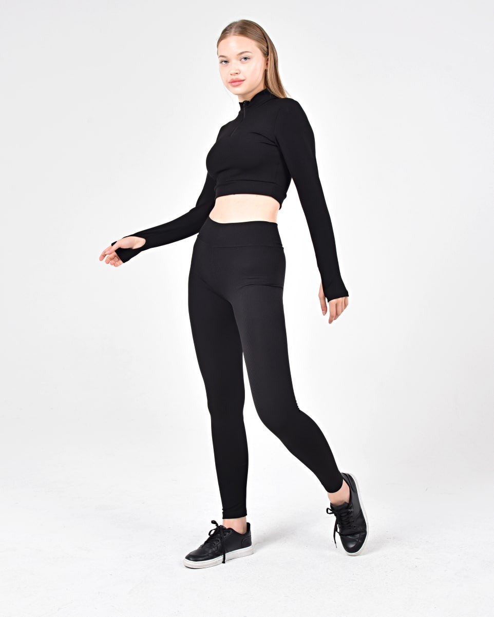 Aronze Fit Series Parmak Detaylı Uzun Kol Crop Tayt İklili Takım