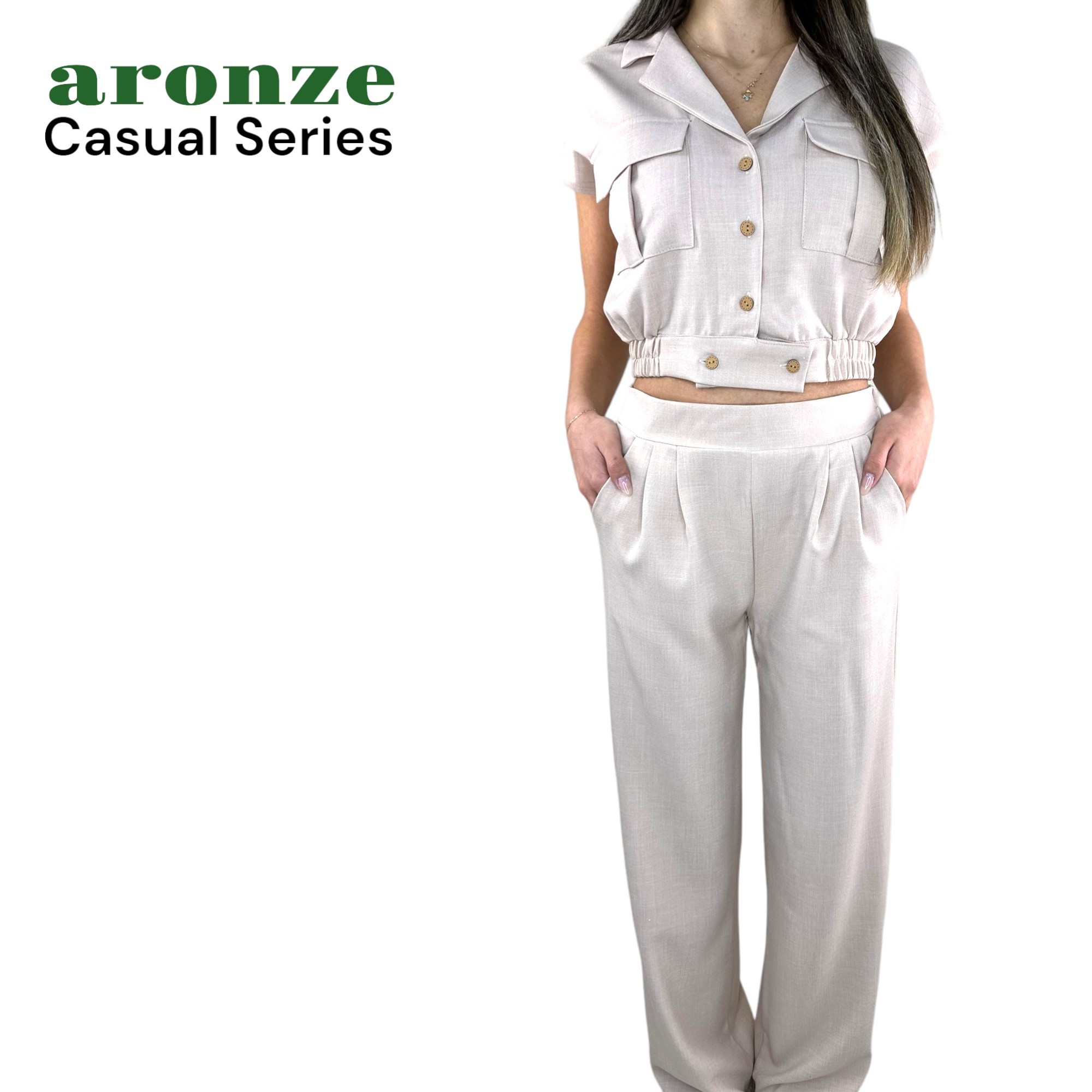 Aronze Casual Series %100 Organik Türk Pamuğu Crop Pantolon Bej Renk Takım