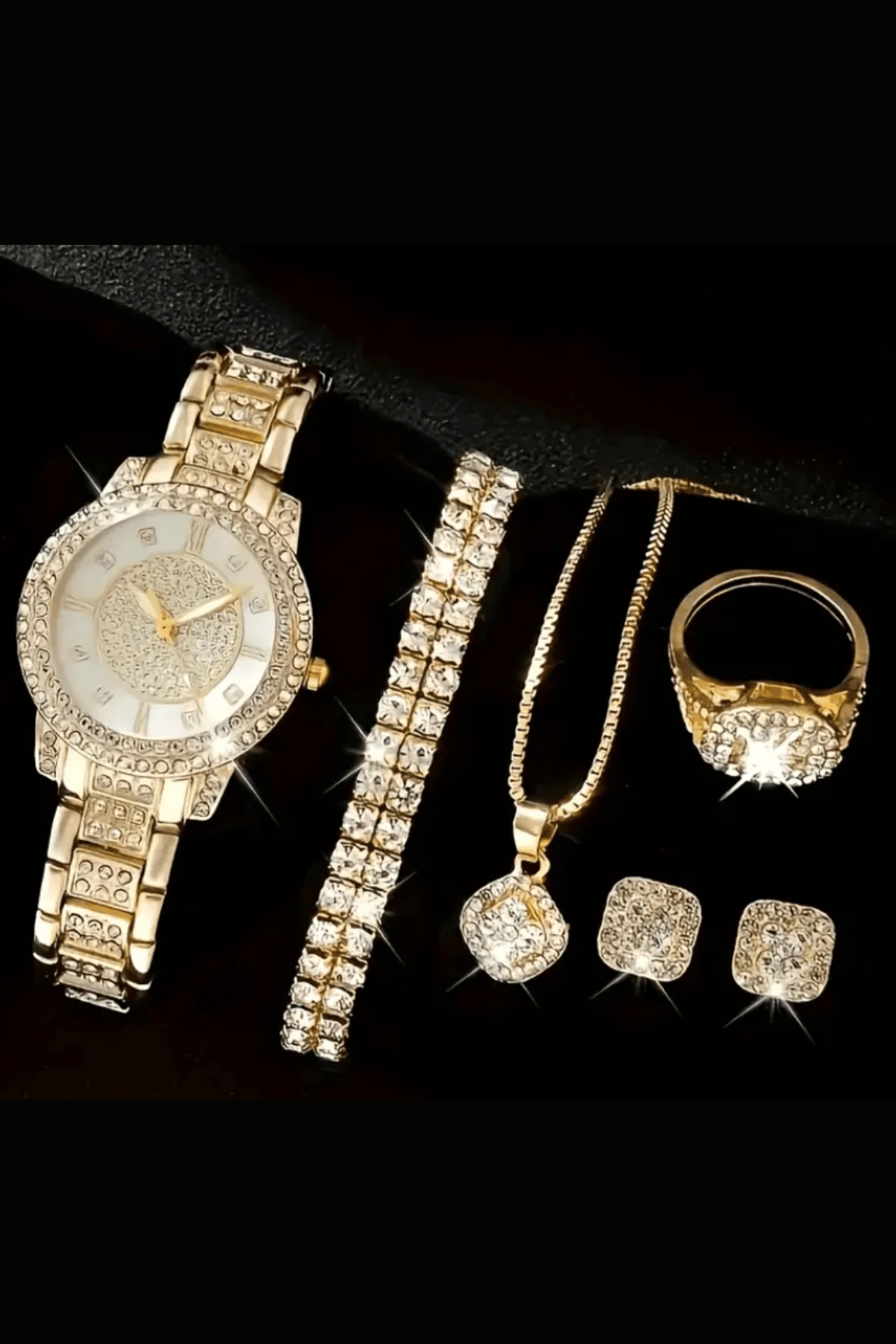 Gold Renk Kadın Kol Saati, Kolye, Bileklik, Yüzük, Küpe Takı Seti
