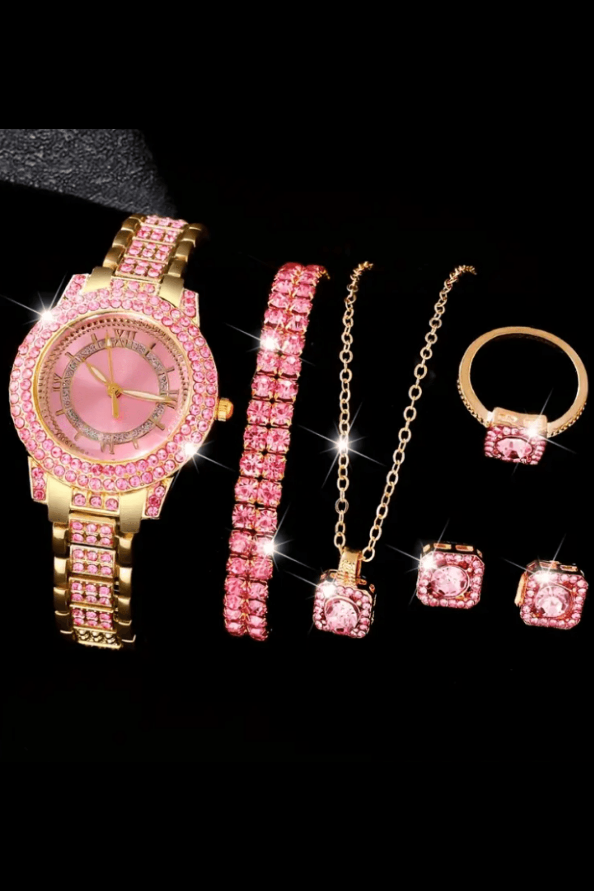 Pembe ve Gold Renkli Kadın Kol Saati, Kolye, Bileklik, Yüzük, Küpe Takı Seti