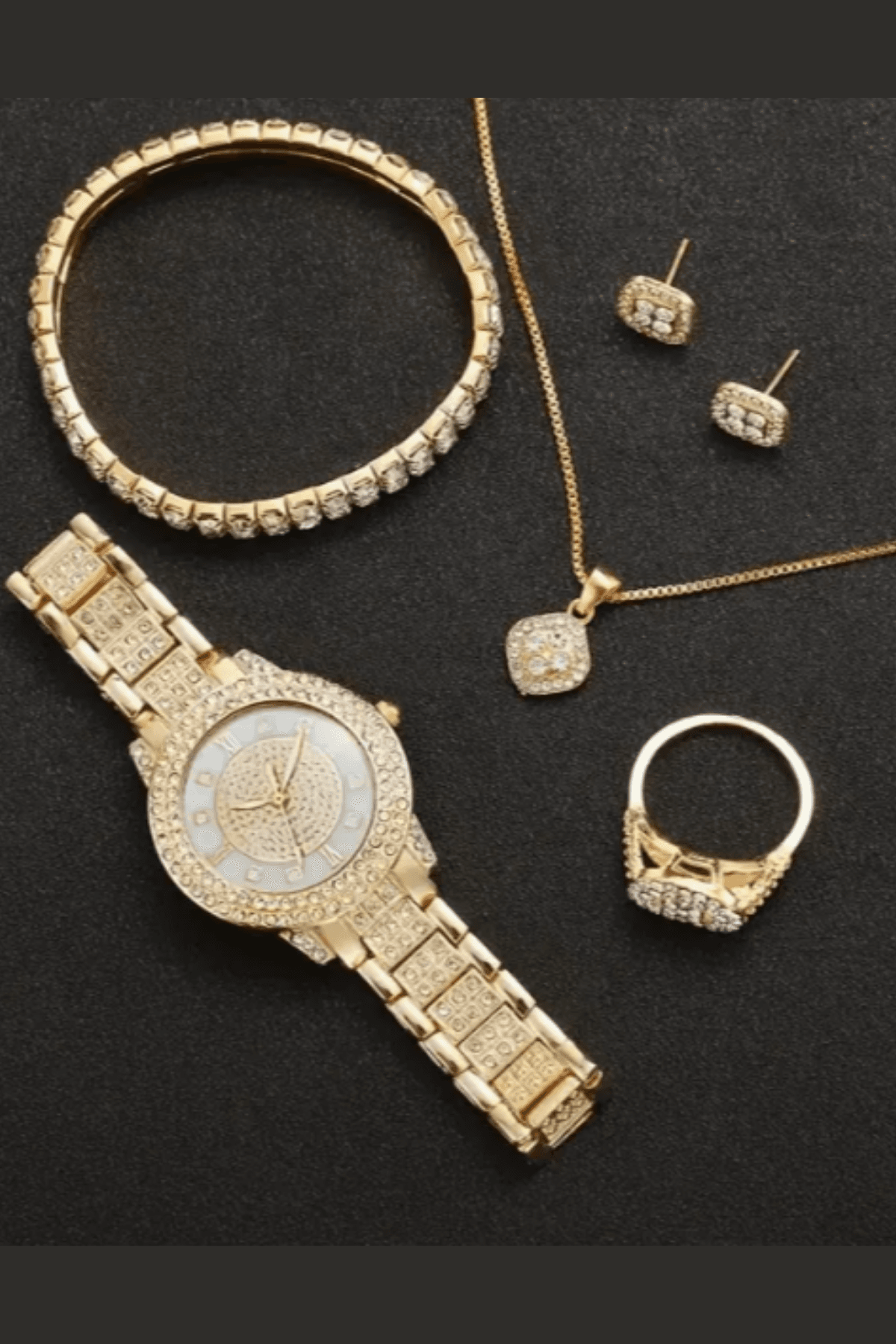Gold Renk Kadın Kol Saati, Kolye, Bileklik, Yüzük, Küpe Takı Seti