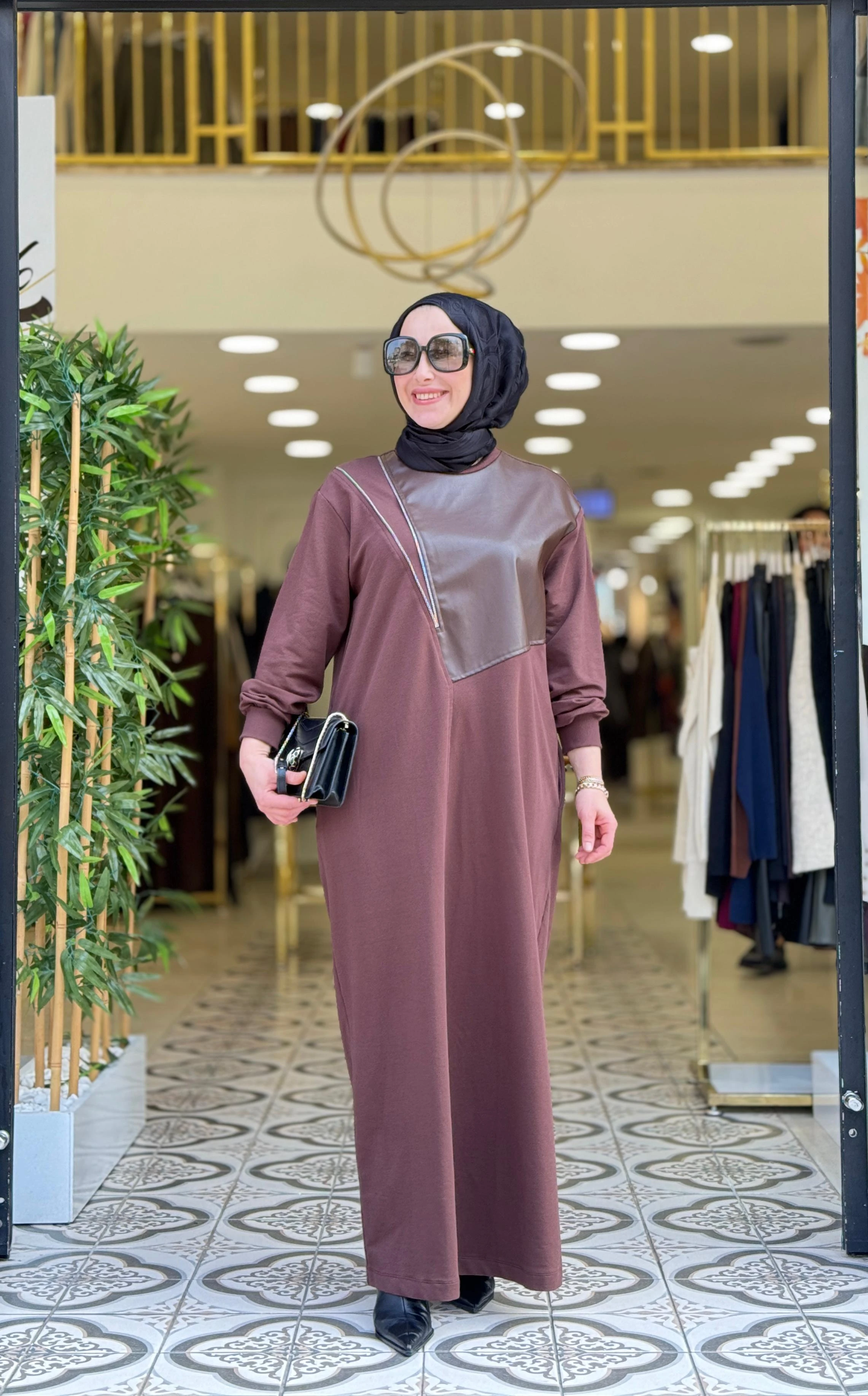 DİLVİ FERMUARLI DERİ ELBİSE - KAHVE