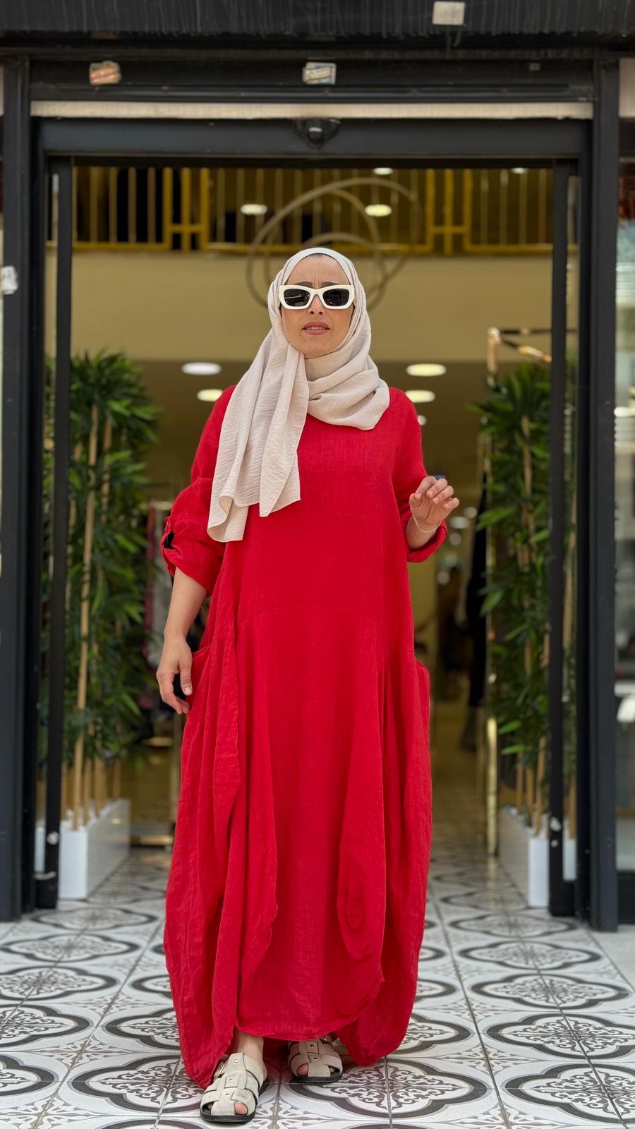 FLORA KETEN ELBİSE - KIRMIZI