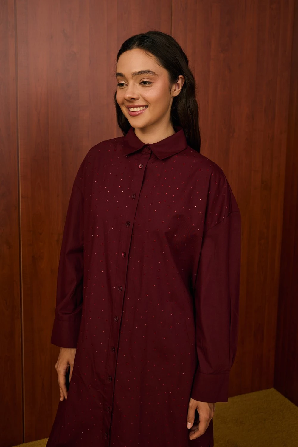 MERWİSH SHİNE PLUS UZUN GÖMLEK - BORDO