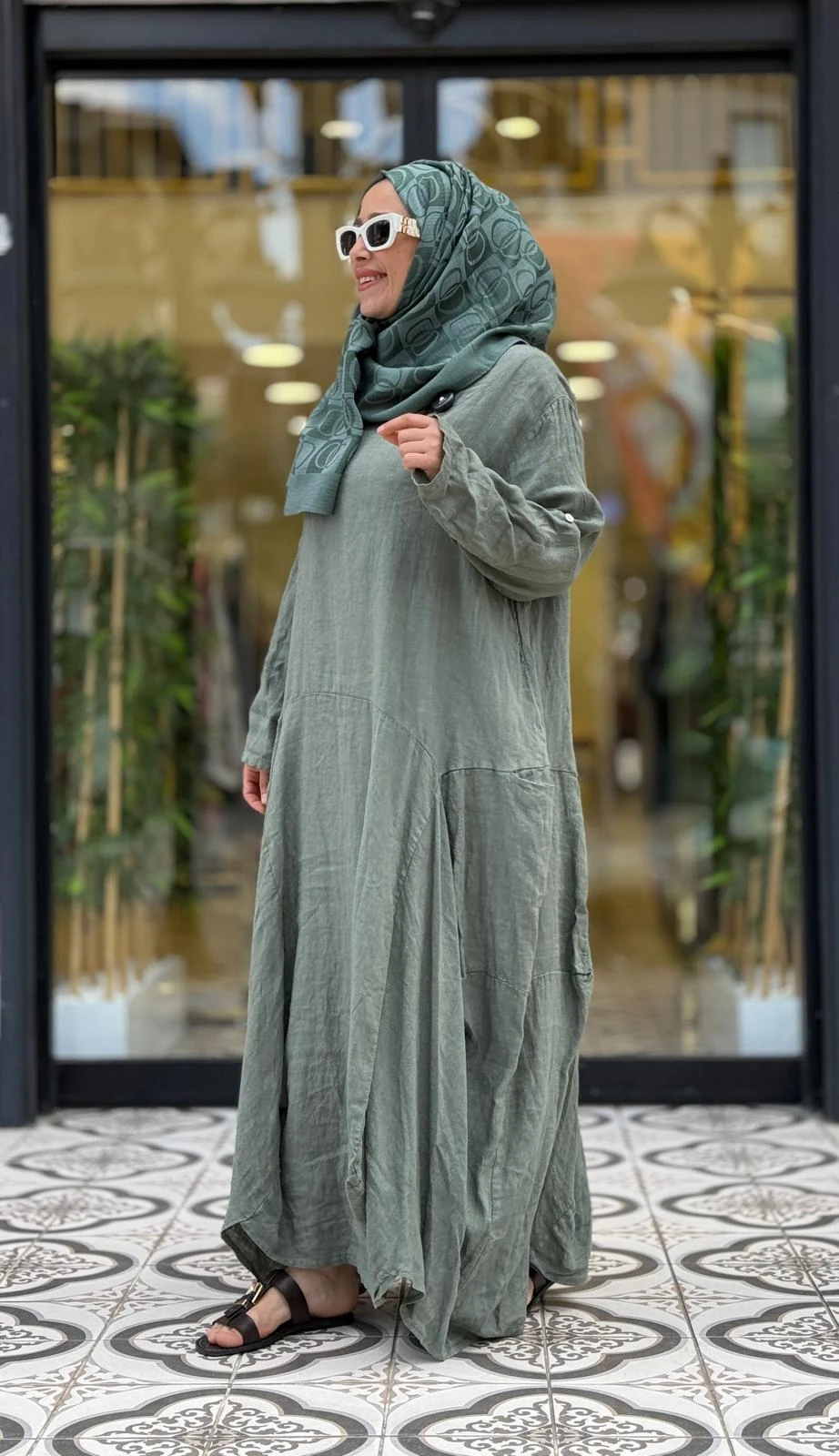 FLORA KETEN ELBİSE - HAKİ