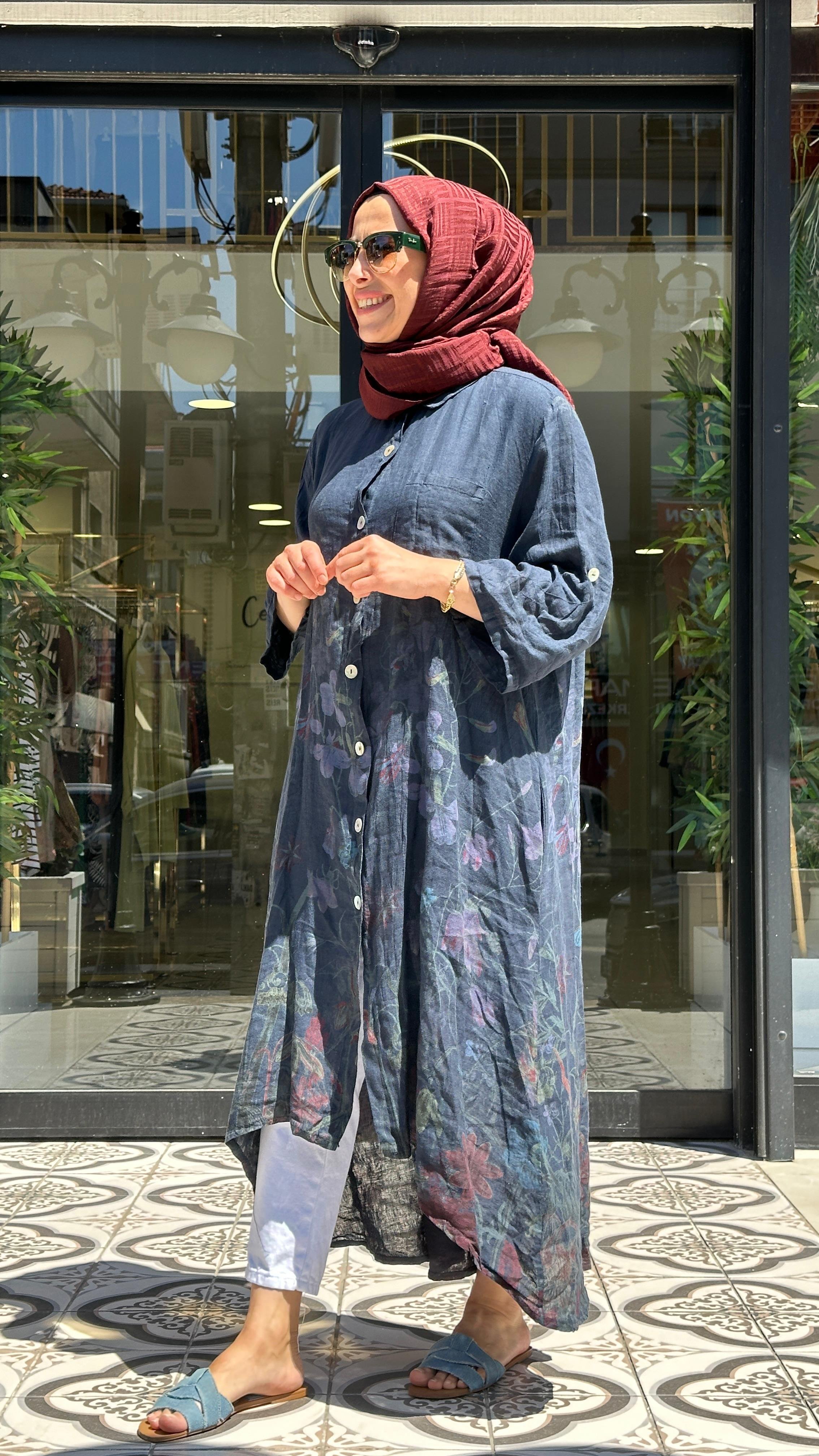 KIR ÇİÇEKLERİ UZUN DESENLİ ELBİSE