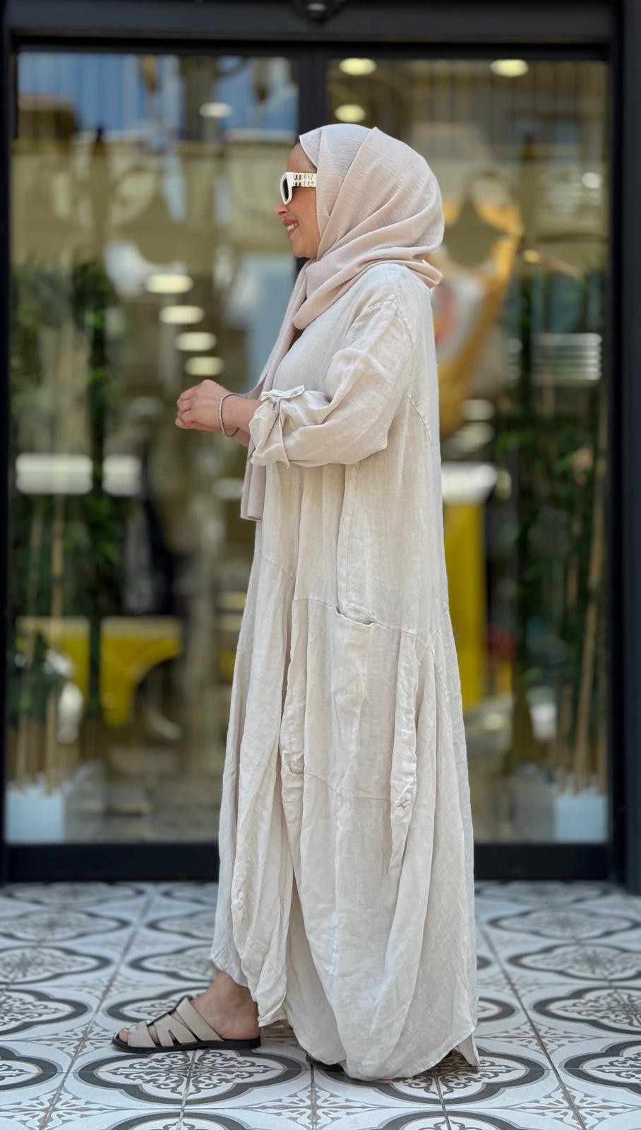 FLORA KETEN ELBİSE - BEJ