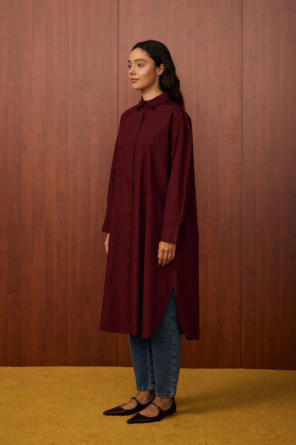 MERWİSH SHİNE PLUS UZUN GÖMLEK - BORDO
