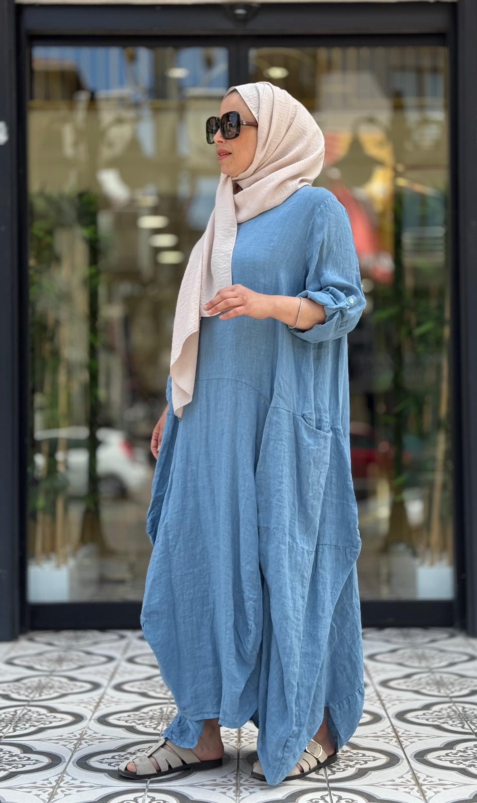 FLORA KETEN ELBİSE - BEBE MAVİ