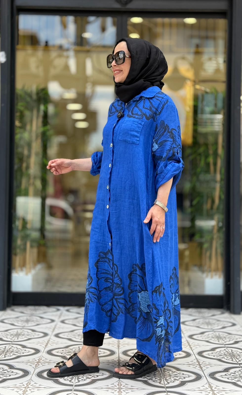 BLOOM ÇİÇEK KETEN ELBİSE - SAKS