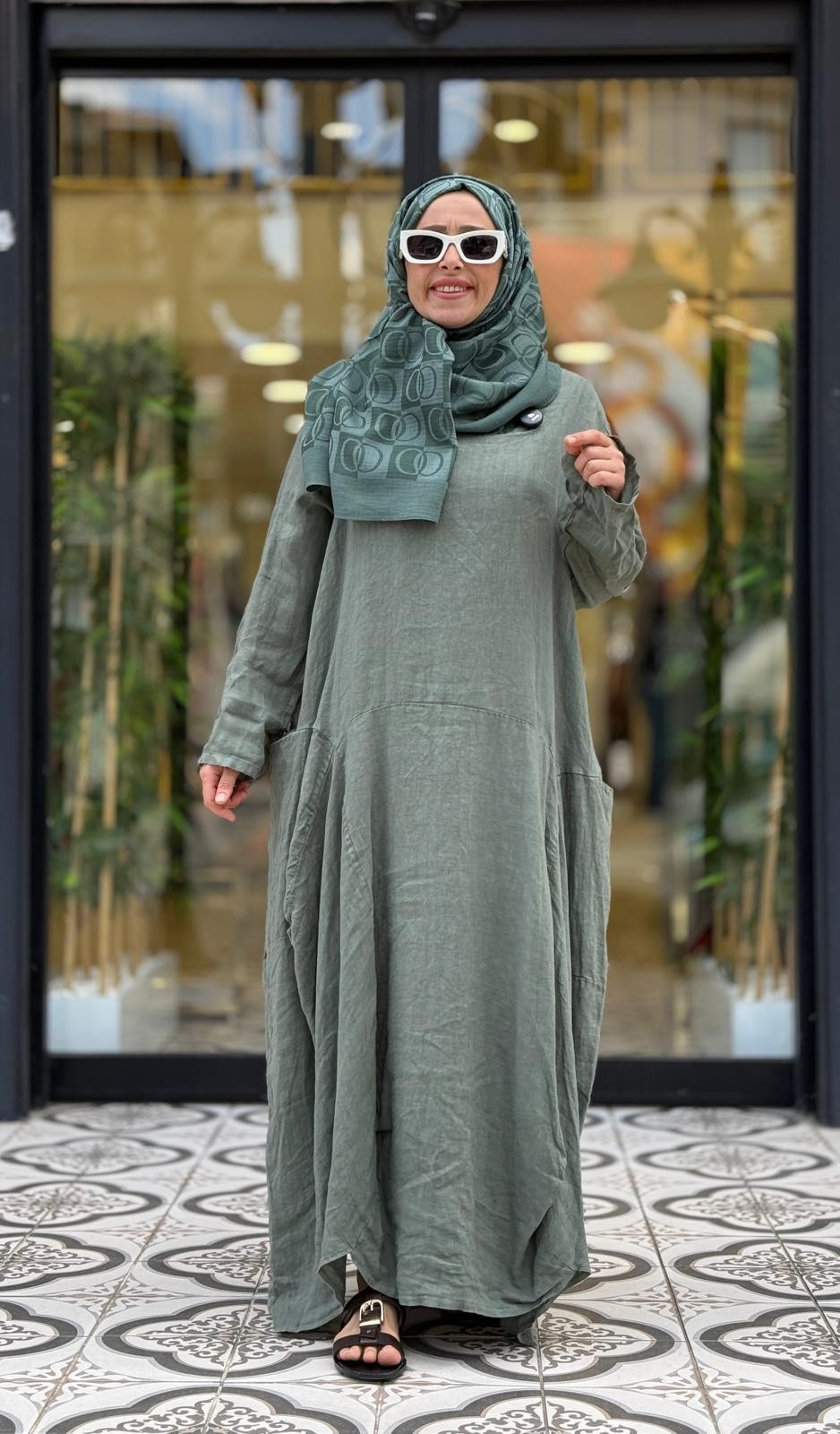 FLORA KETEN ELBİSE - HAKİ