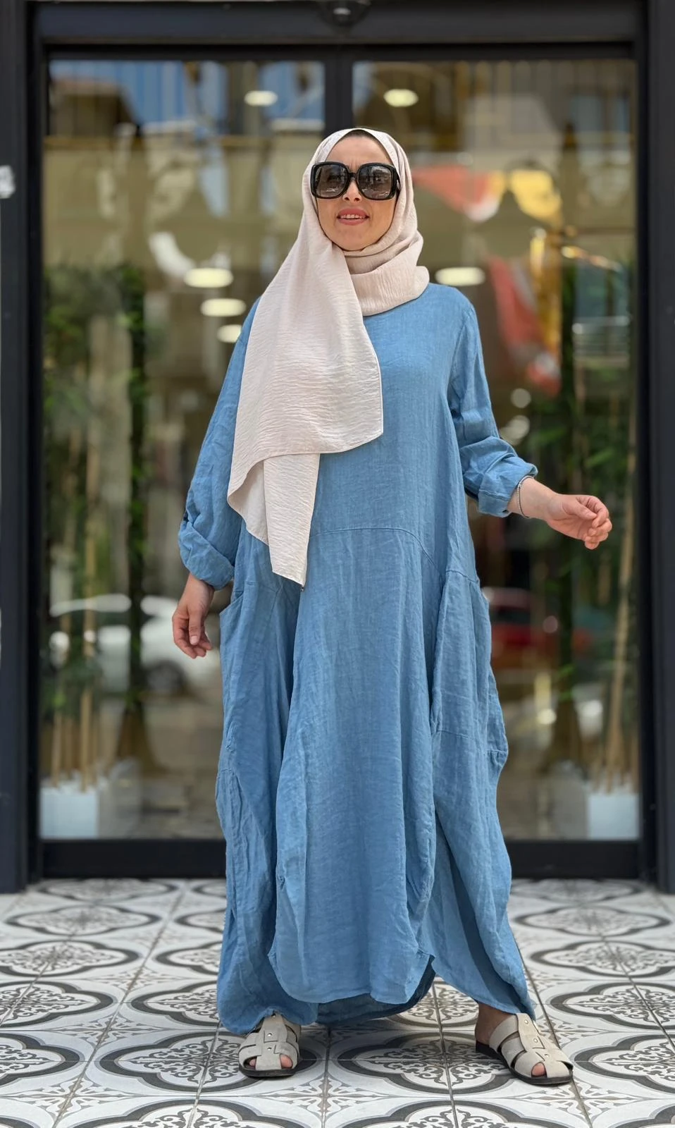 FLORA KETEN ELBİSE - BEBE MAVİ