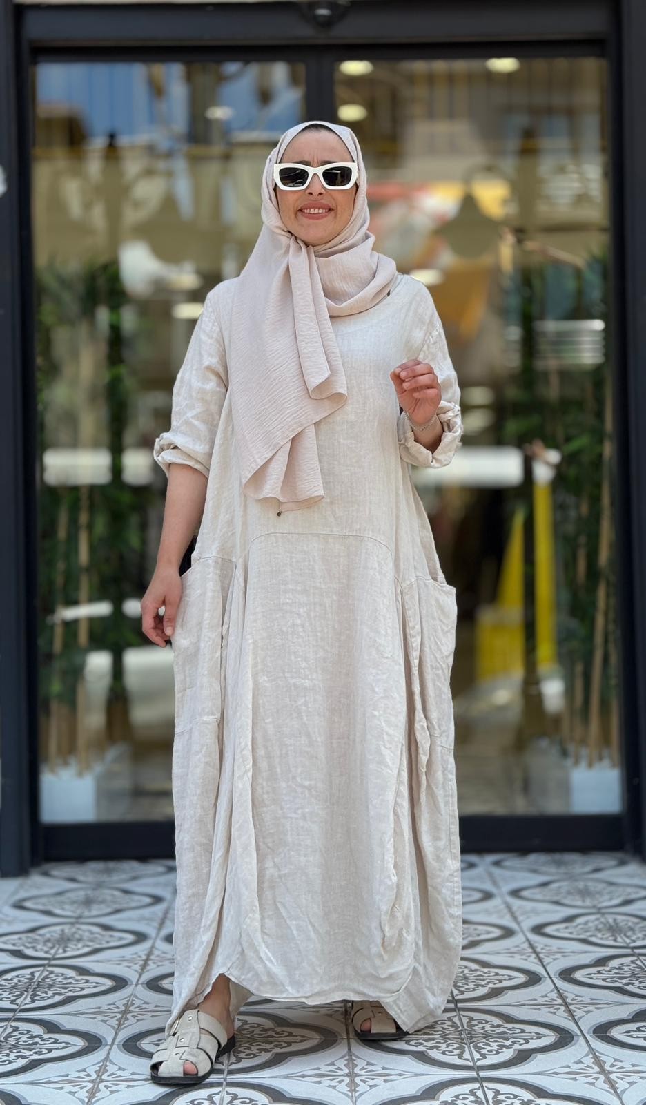 FLORA KETEN ELBİSE - BEJ