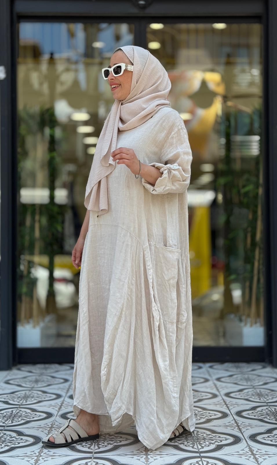FLORA KETEN ELBİSE - BEJ