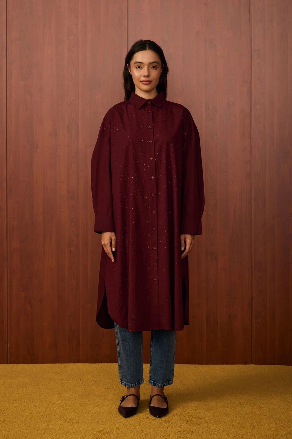 MERWİSH SHİNE PLUS UZUN GÖMLEK - BORDO