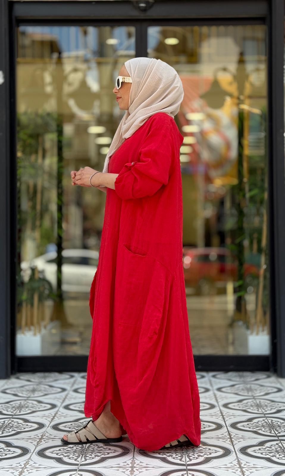 FLORA KETEN ELBİSE - KIRMIZI
